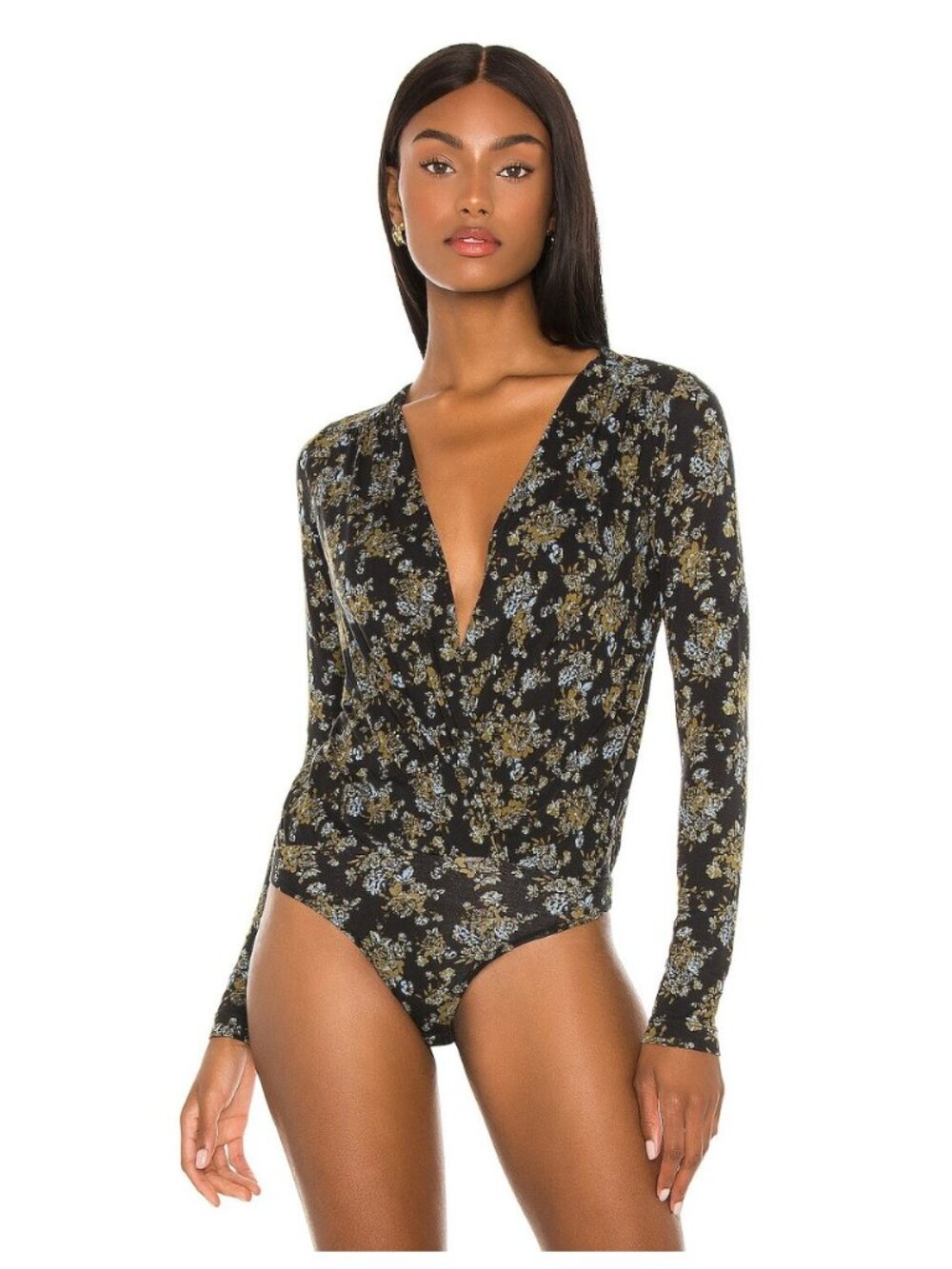 * Intimately Free People Black Turnt Night Floral Long Sleeve Thong Bodysuit